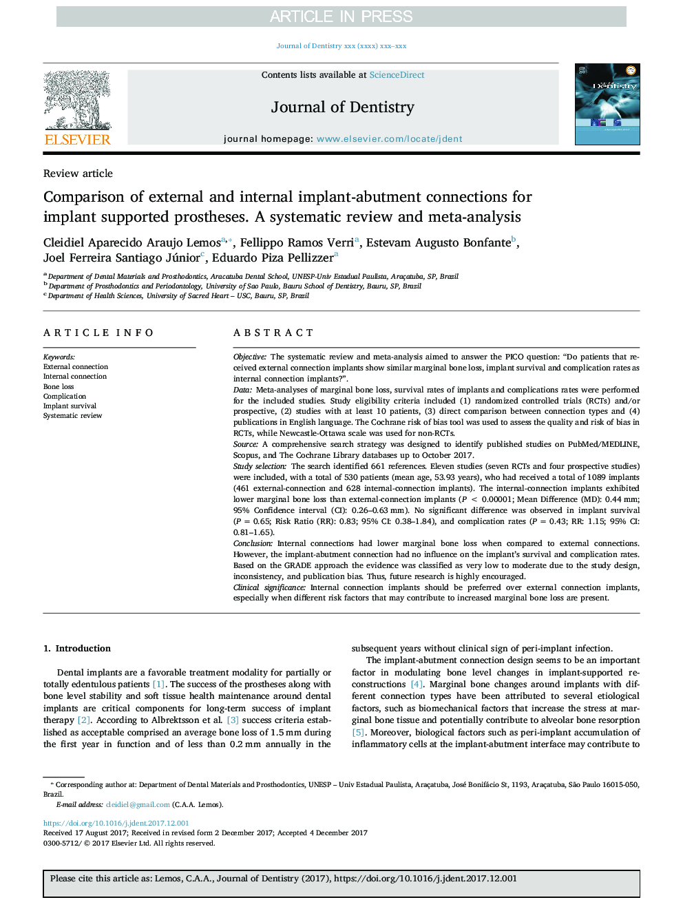 Comparison of external and internal implant-abutment connections for implant supported prostheses. A systematic review and meta-analysis