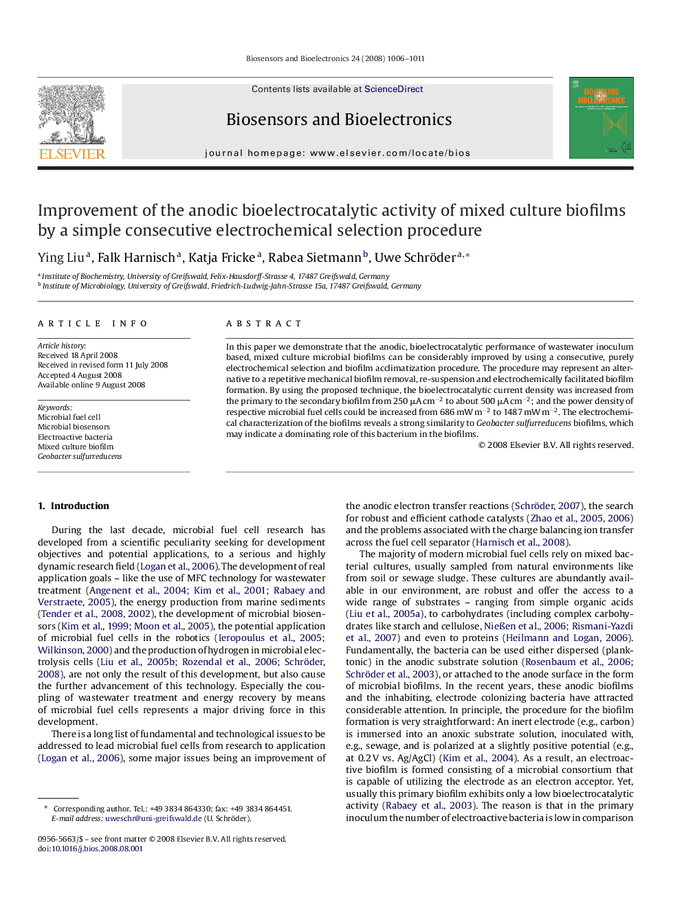 Improvement of the anodic bioelectrocatalytic activity of mixed culture biofilms by a simple consecutive electrochemical selection procedure