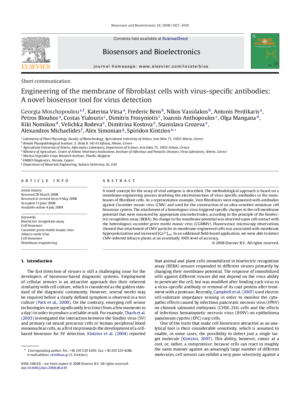 Engineering of the membrane of fibroblast cells with virus-specific antibodies: A novel biosensor tool for virus detection