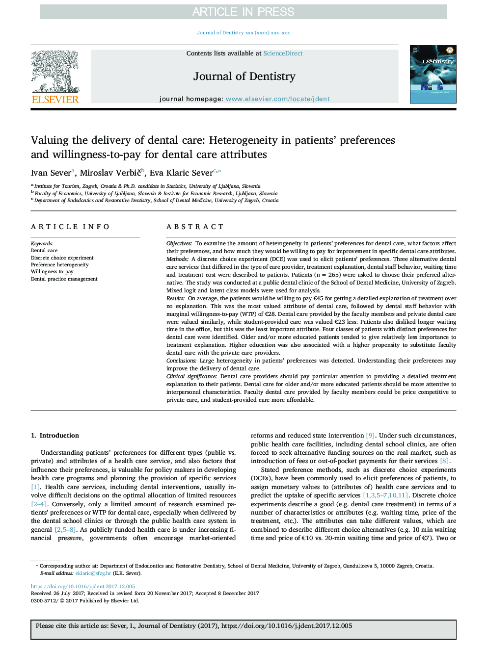 Valuing the delivery of dental care: Heterogeneity in patients' preferences and willingness-to-pay for dental care attributes