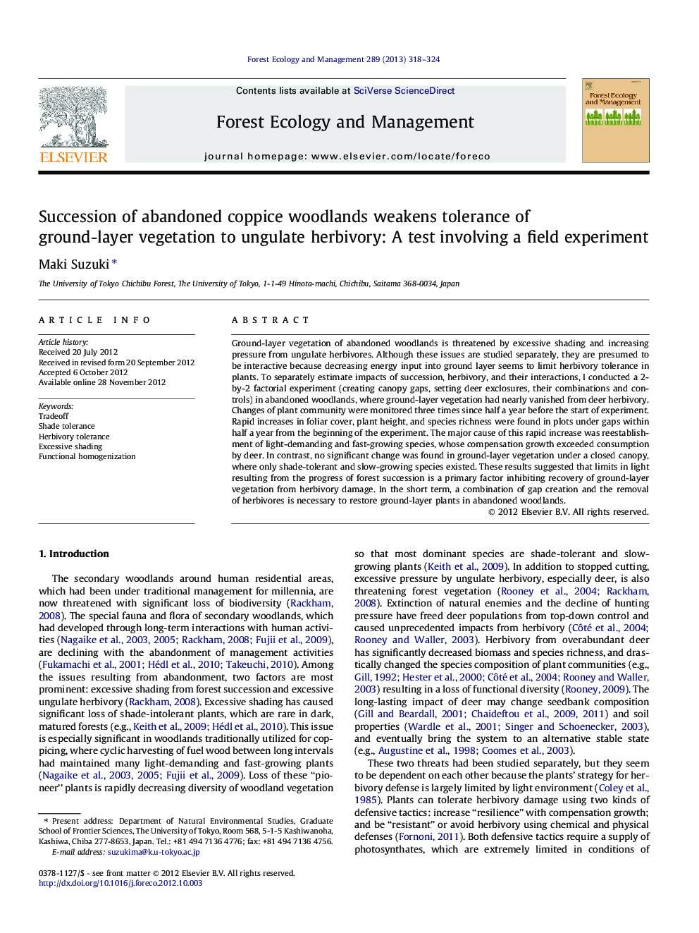 Succession of abandoned coppice woodlands weakens tolerance of ground-layer vegetation to ungulate herbivory: A test involving a field experiment