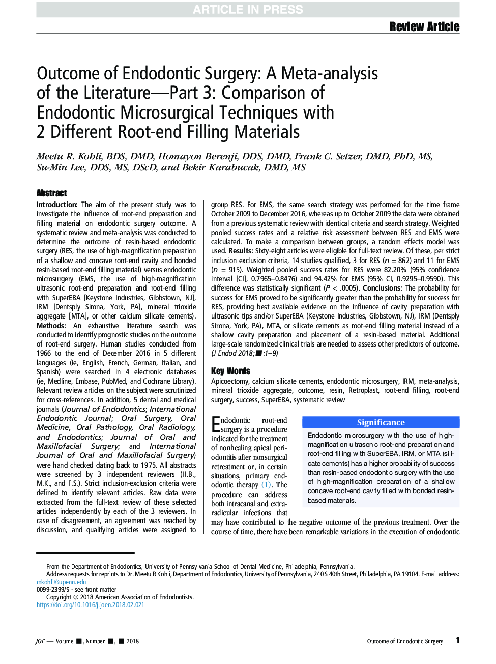 Outcome of Endodontic Surgery: A Meta-analysis of the Literature-Part 3: Comparison of Endodontic Microsurgical Techniques with 2 Different Root-end Filling Materials