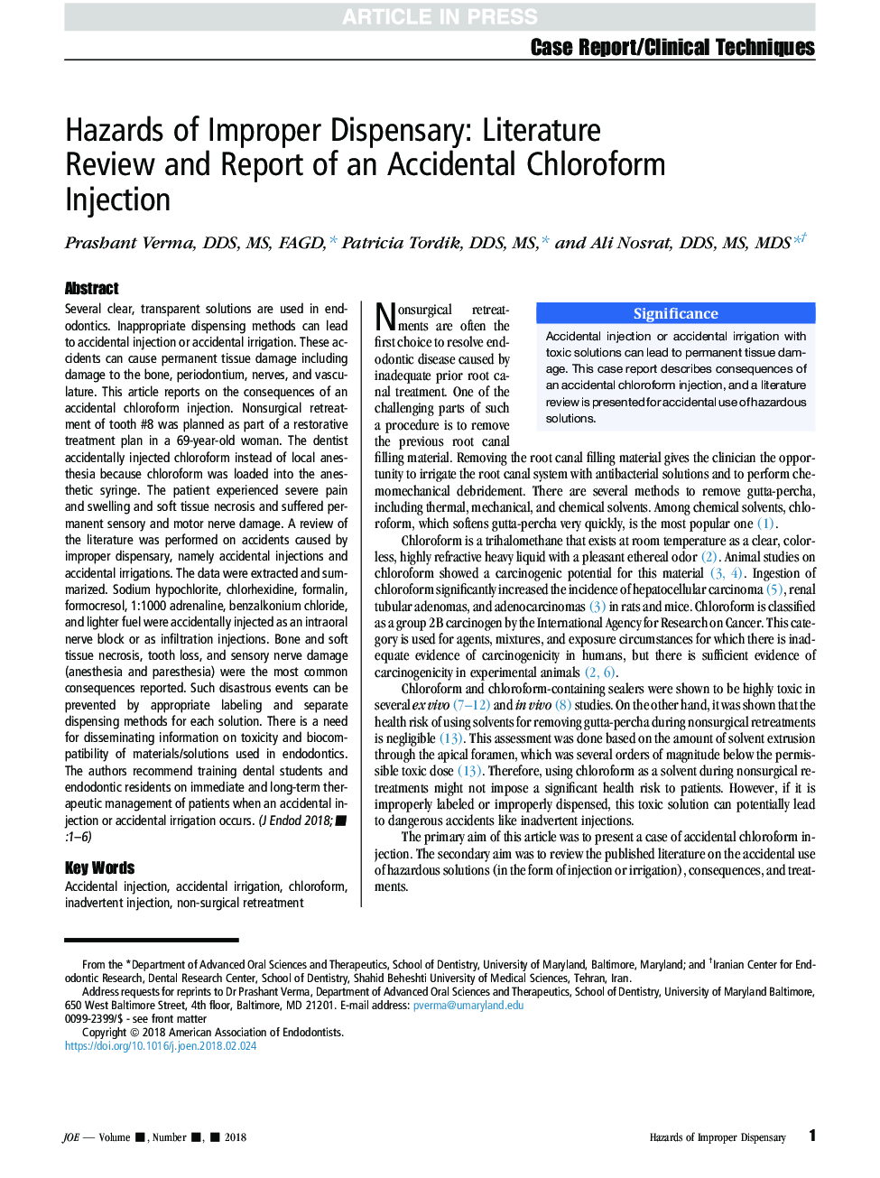 Hazards of Improper Dispensary: Literature Review and Report of an Accidental Chloroform Injection