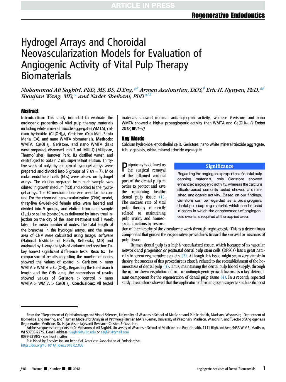 Hydrogel Arrays and Choroidal Neovascularization Models for Evaluation of Angiogenic Activity of Vital Pulp Therapy Biomaterials