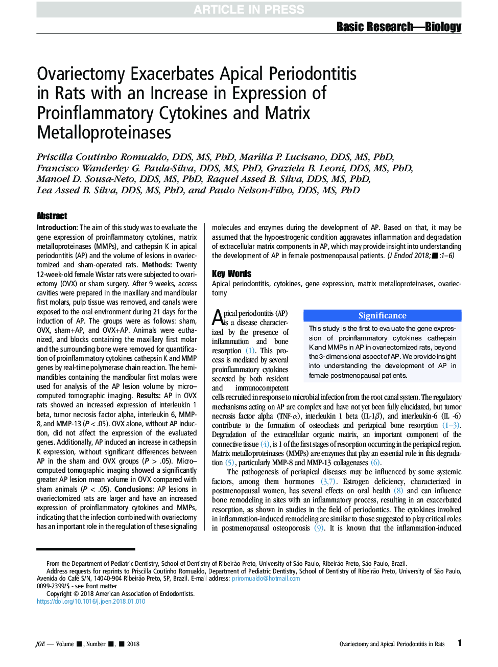 Ovariectomy Exacerbates Apical Periodontitis in Rats with an Increase in Expression of Proinflammatory Cytokines and Matrix Metalloproteinases