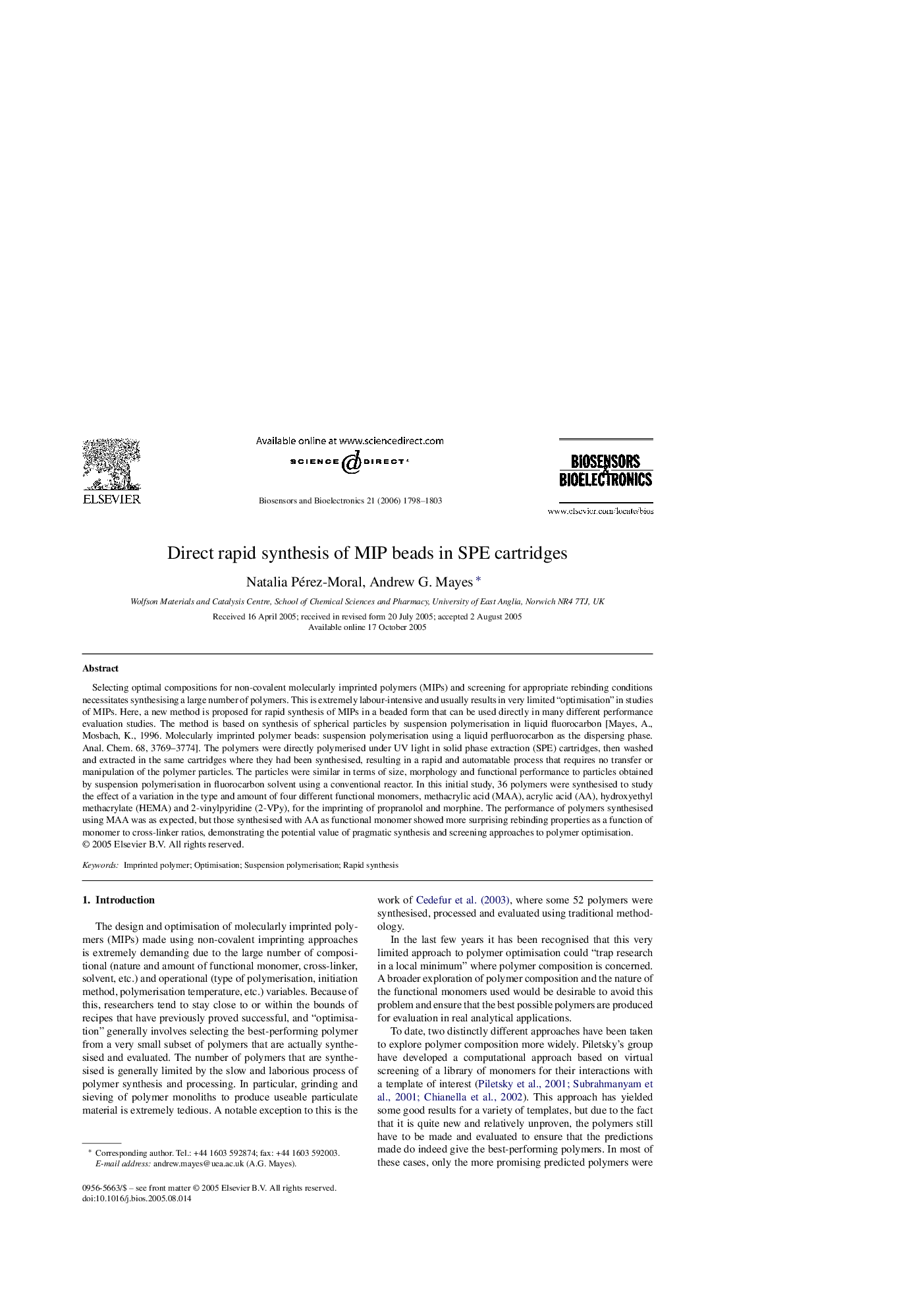 Direct rapid synthesis of MIP beads in SPE cartridges