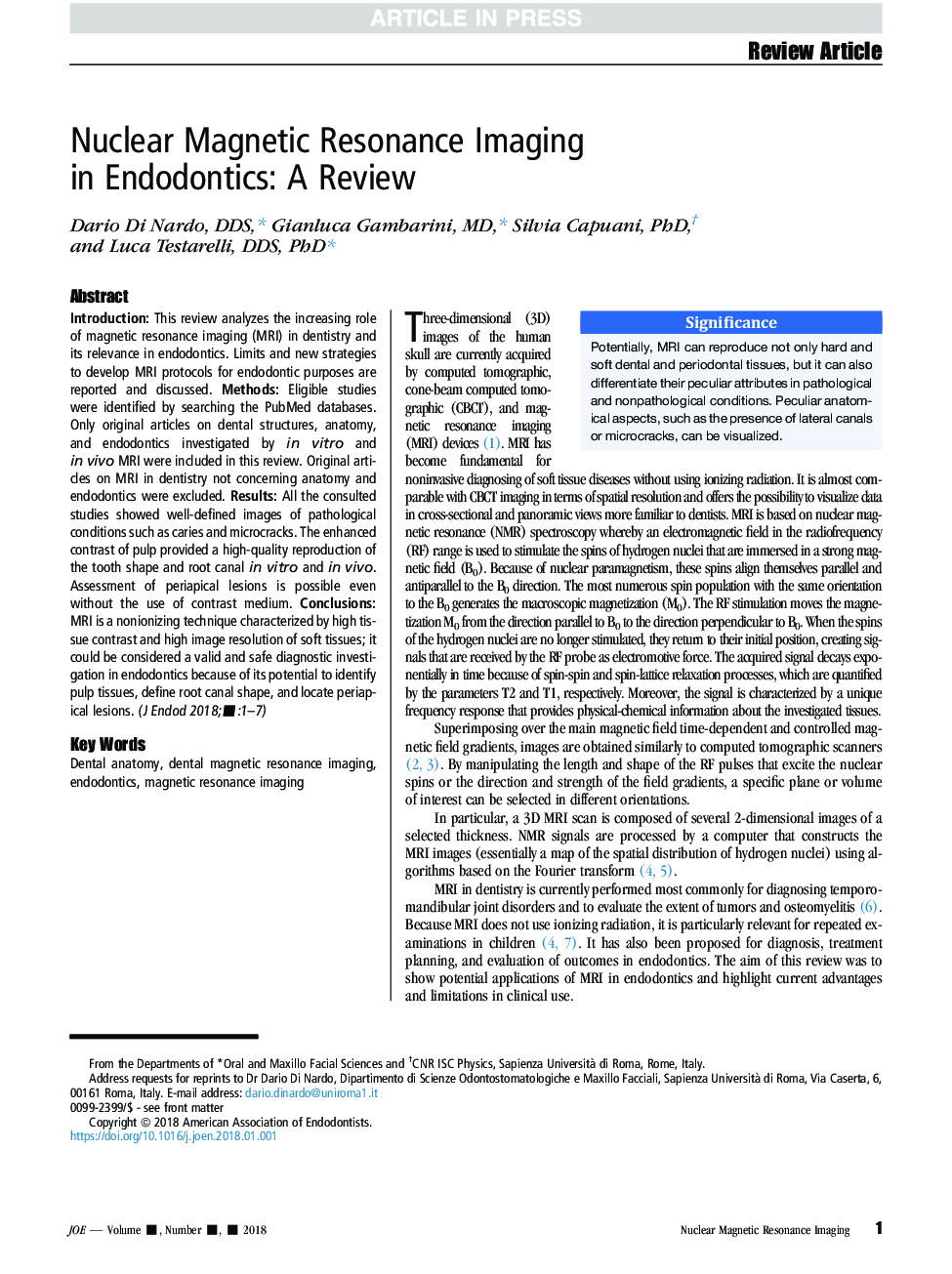 Nuclear Magnetic Resonance Imaging in Endodontics: A Review