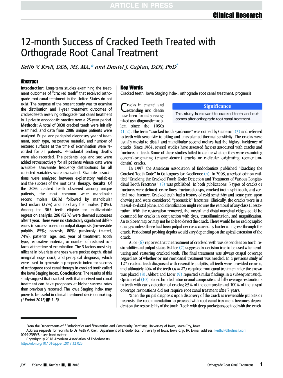12-month Success of Cracked Teeth Treated with Orthograde Root Canal Treatment
