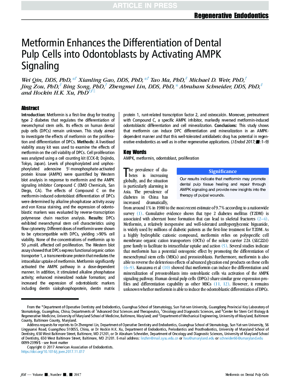 Metformin Enhances the Differentiation of Dental Pulp Cells into Odontoblasts by Activating AMPK Signaling