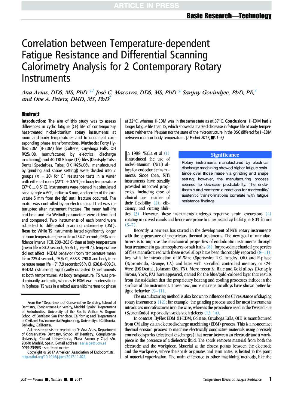 Correlation between Temperature-dependent Fatigue Resistance and Differential Scanning Calorimetry Analysis for 2 Contemporary Rotary Instruments