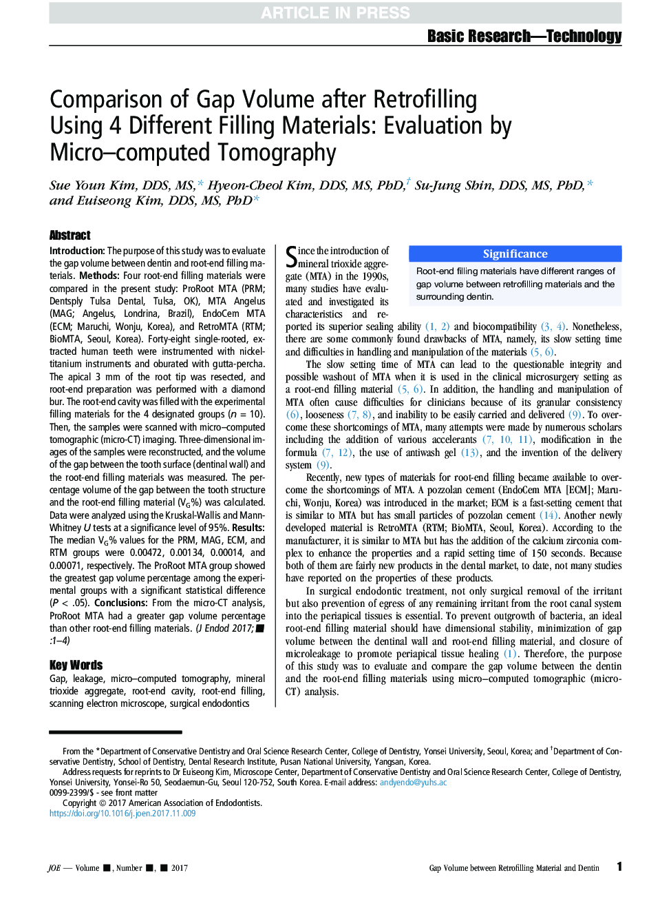 Comparison of Gap Volume after Retrofilling Using 4 Different Filling Materials: Evaluation by Micro-computed Tomography