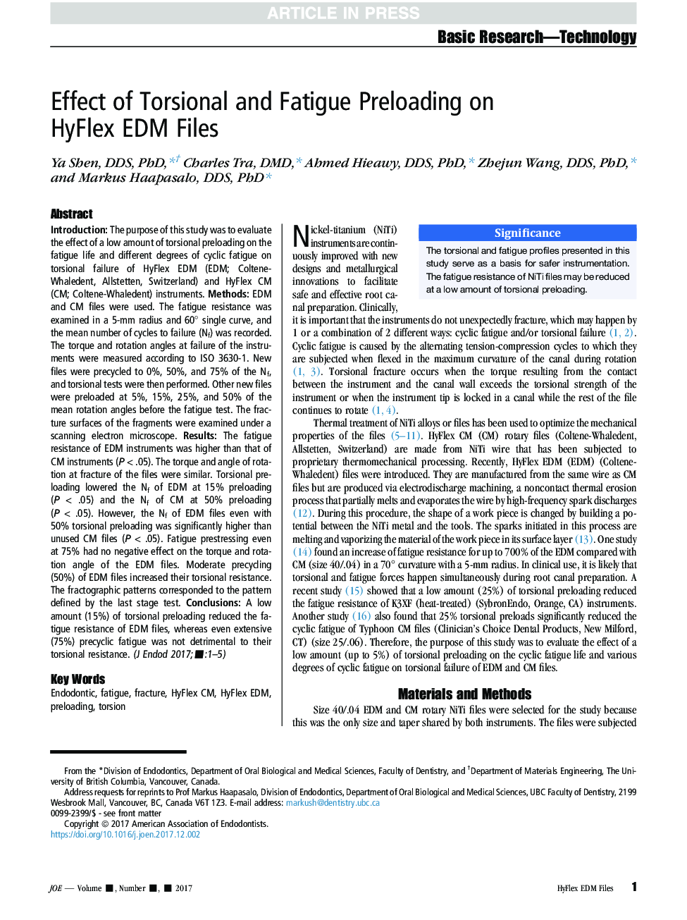 Effect of Torsional and Fatigue Preloading on HyFlex EDM Files