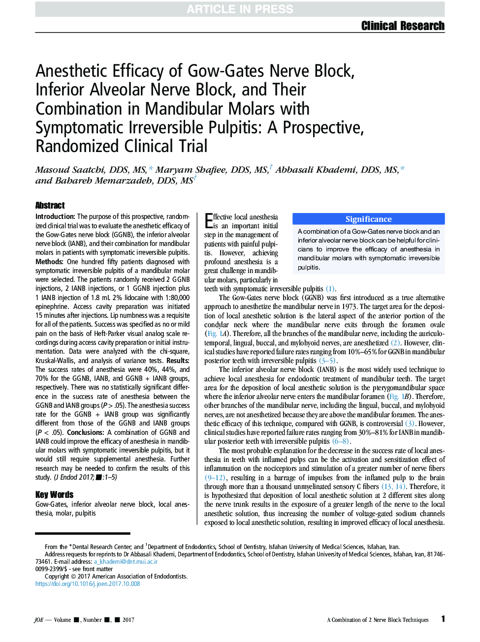 Anesthetic Efficacy of Gow-Gates Nerve Block, Inferior Alveolar Nerve Block, and Their Combination in Mandibular Molars with Symptomatic Irreversible Pulpitis: A Prospective, Randomized Clinical Trial