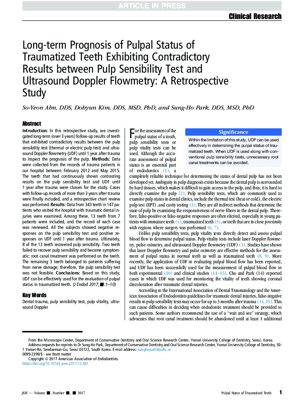 Long-term Prognosis of Pulpal Status of Traumatized Teeth Exhibiting Contradictory Results between Pulp Sensibility Test and Ultrasound Doppler Flowmetry: A Retrospective Study