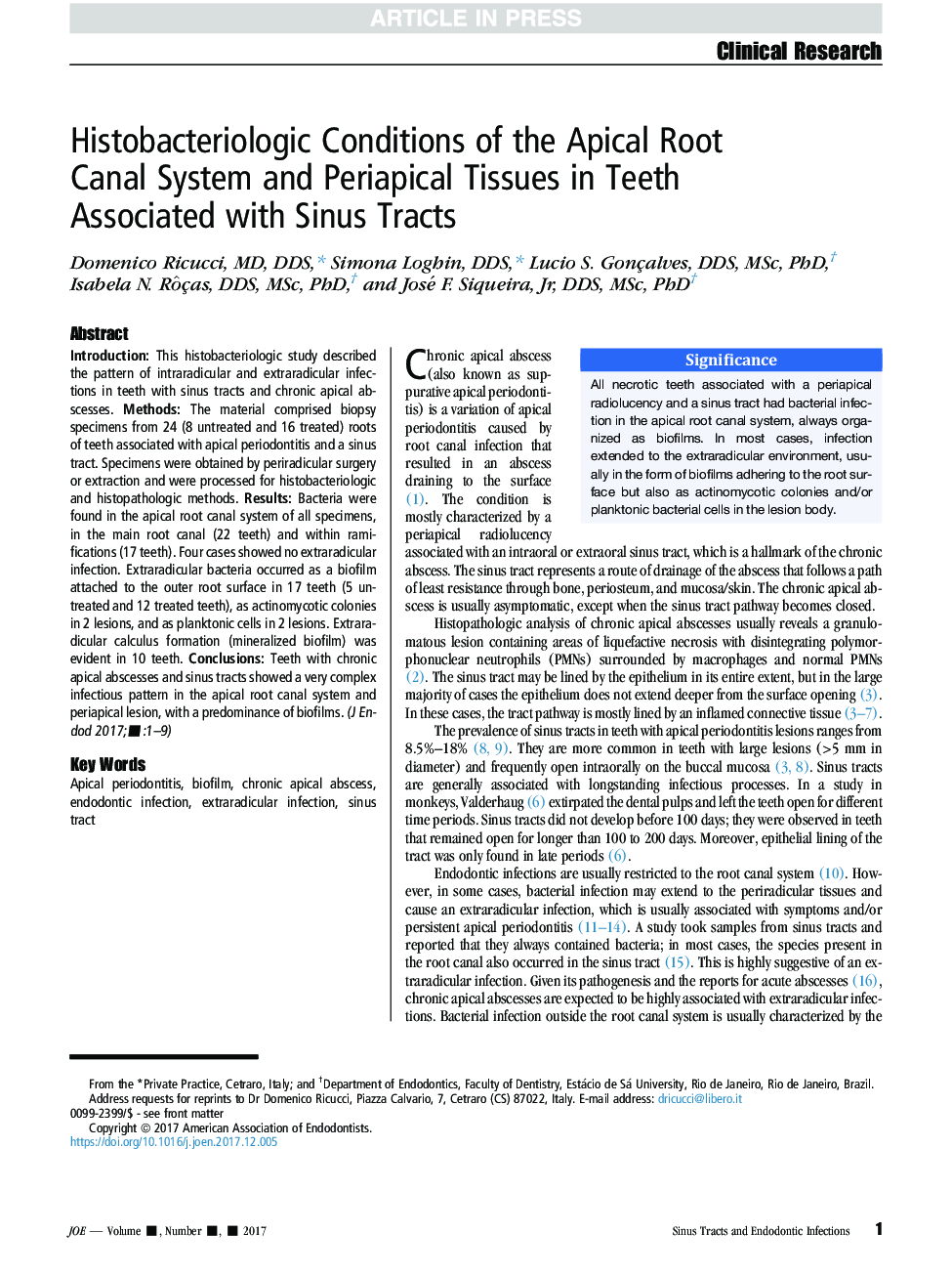 Histobacteriologic Conditions of the Apical Root Canal System and Periapical Tissues in Teeth Associated with Sinus Tracts