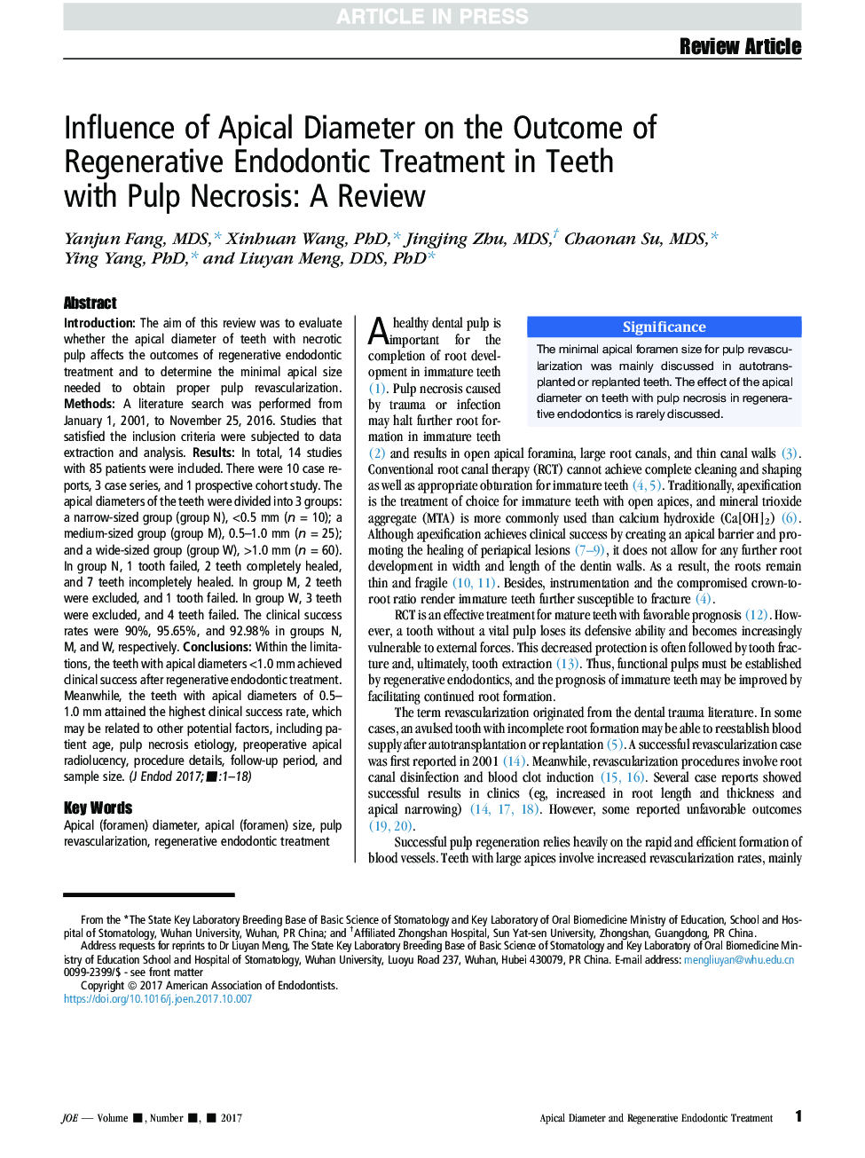 Influence of Apical Diameter on the Outcome of Regenerative Endodontic Treatment in Teeth with Pulp Necrosis: A Review