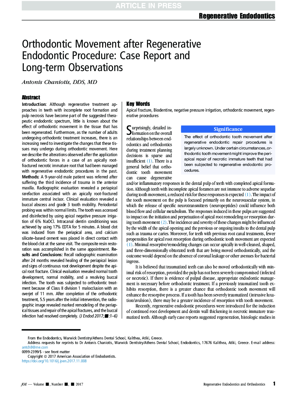 Orthodontic Movement after Regenerative Endodontic Procedure: Case Report and Long-term Observations