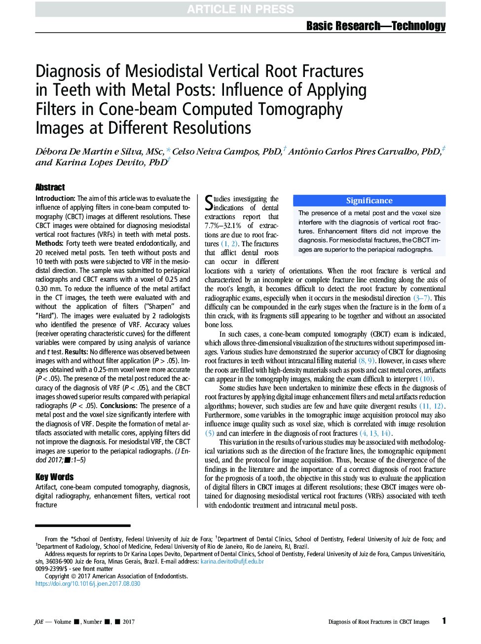 Diagnosis of Mesiodistal Vertical Root Fractures in Teeth with Metal Posts: Influence of Applying Filters in Cone-beam Computed Tomography Images at Different Resolutions