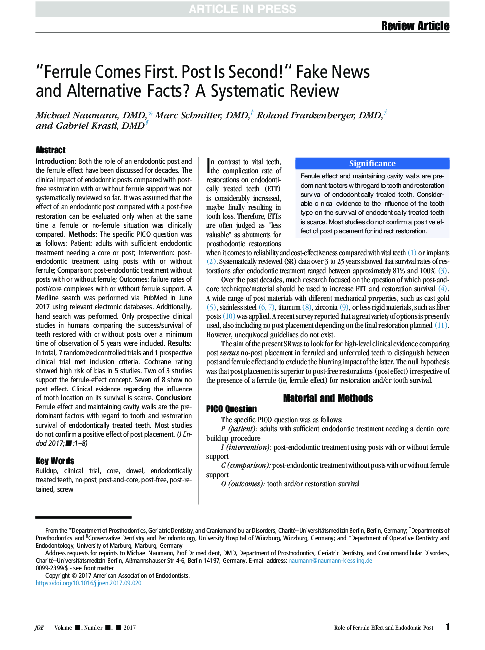 “Ferrule Comes First. Post Is Second!” Fake News and Alternative Facts? A Systematic Review