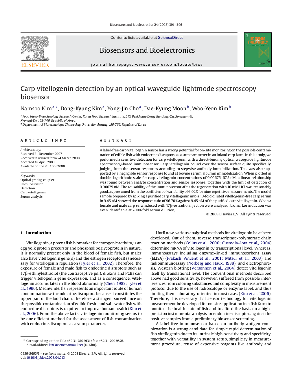 عکس صفحه اول مقاله: Carp vitellogenin detection by an optical waveguide lightmode spectroscopy biosensor Carp vitellogenin detection by an optical waveguide lightmode spectroscopy biosensor