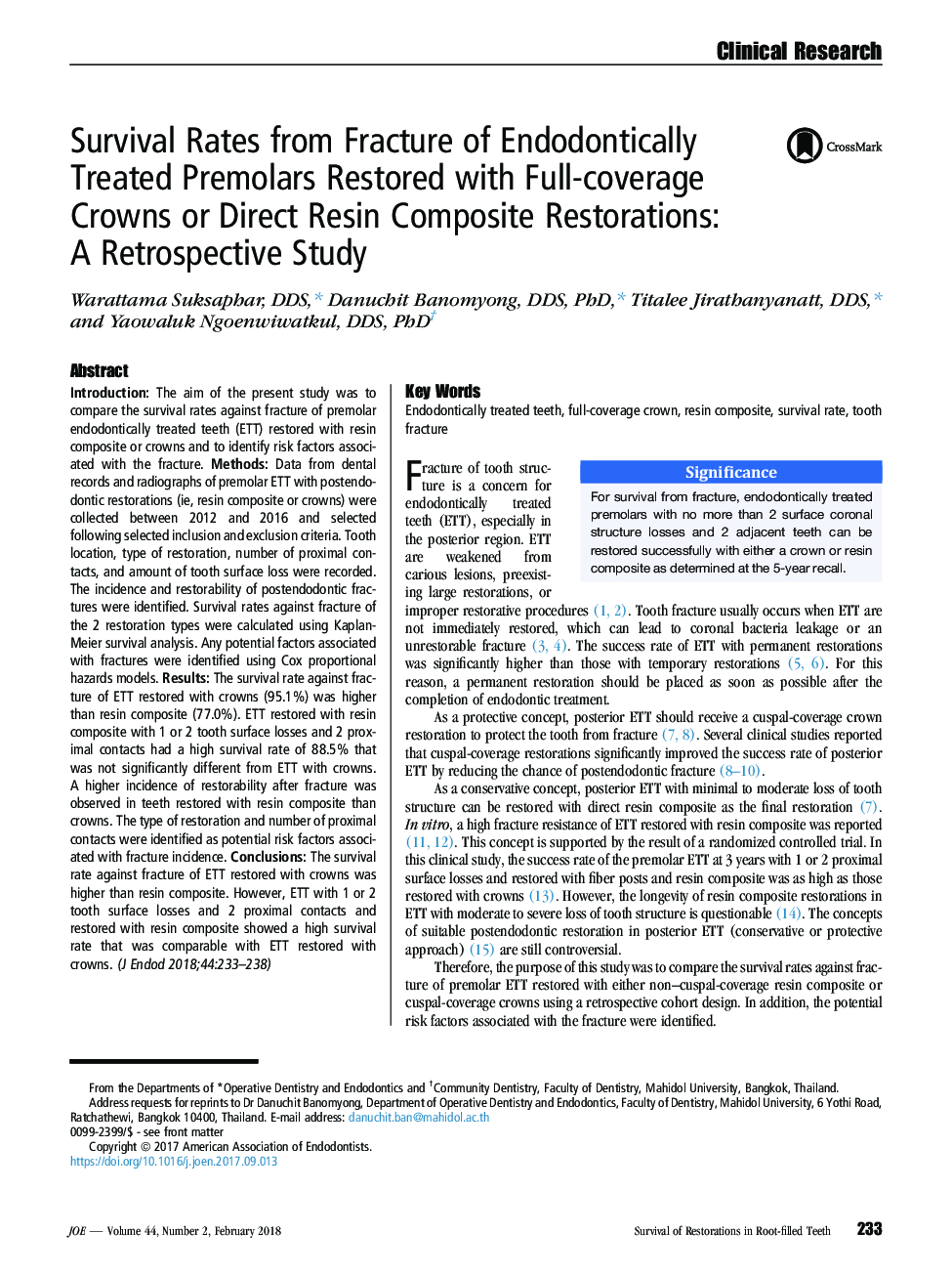 Survival Rates from Fracture of Endodontically Treated Premolars Restored with Full-coverage Crowns or Direct Resin Composite Restorations: A Retrospective Study