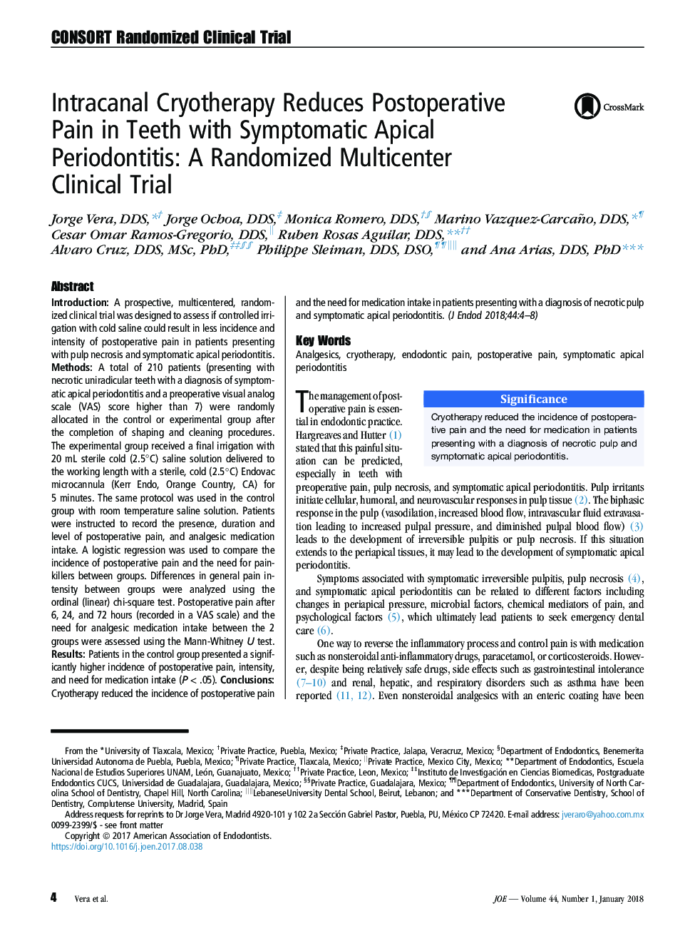 Intracanal Cryotherapy Reduces Postoperative Pain in Teeth with Symptomatic Apical Periodontitis: A Randomized Multicenter ClinicalÂ Trial