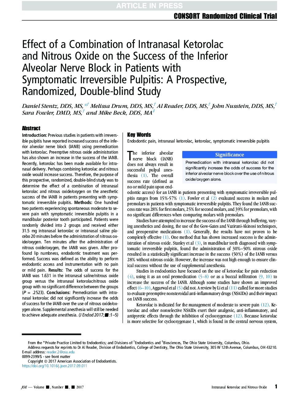 Effect of a Combination of Intranasal Ketorolac and Nitrous Oxide on the Success of the Inferior Alveolar Nerve Block in Patients with Symptomatic Irreversible Pulpitis: A Prospective, Randomized, Double-blind Study