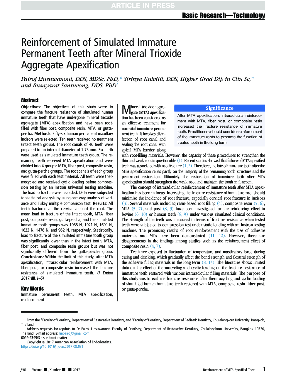 Reinforcement of Simulated Immature Permanent Teeth after Mineral Trioxide Aggregate Apexification