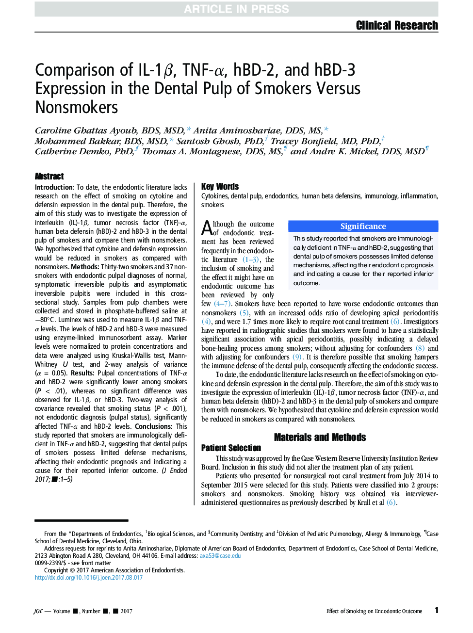 Comparison of IL-1Î², TNF-Î±, hBD-2, and hBD-3 Expression in the Dental Pulp of Smokers Versus Nonsmokers