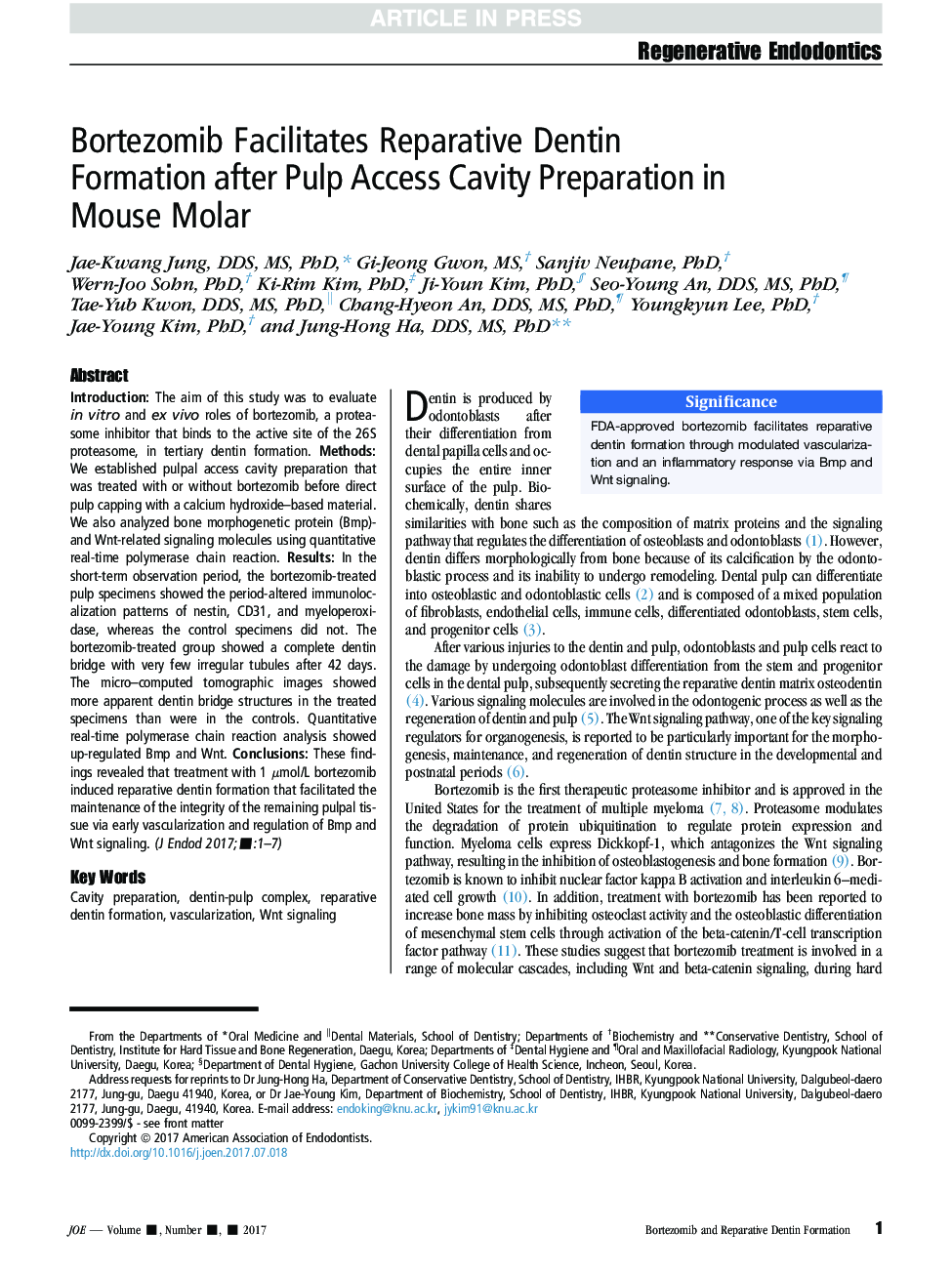 Bortezomib Facilitates Reparative Dentin Formation after Pulp Access Cavity Preparation in Mouse Molar