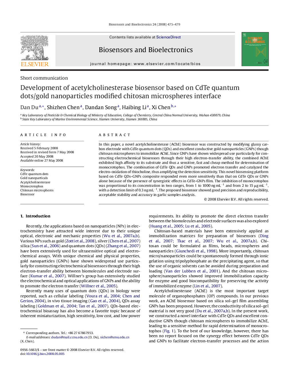 Development of acetylcholinesterase biosensor based on CdTe quantum dots/gold nanoparticles modified chitosan microspheres interface