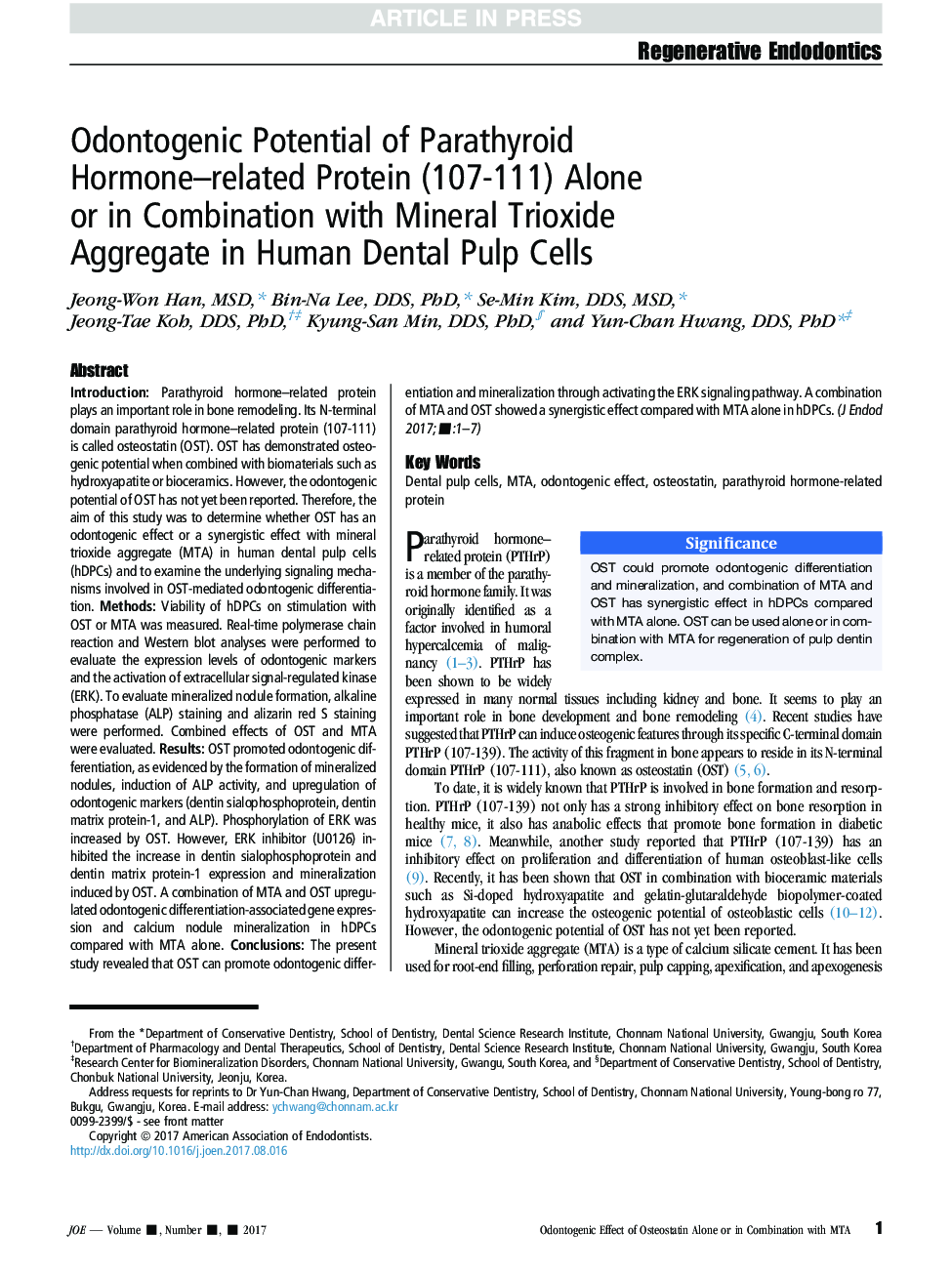 Odontogenic Potential of Parathyroid Hormone-related Protein (107-111) Alone orÂ inÂ Combination with Mineral Trioxide AggregateÂ in Human Dental Pulp Cells