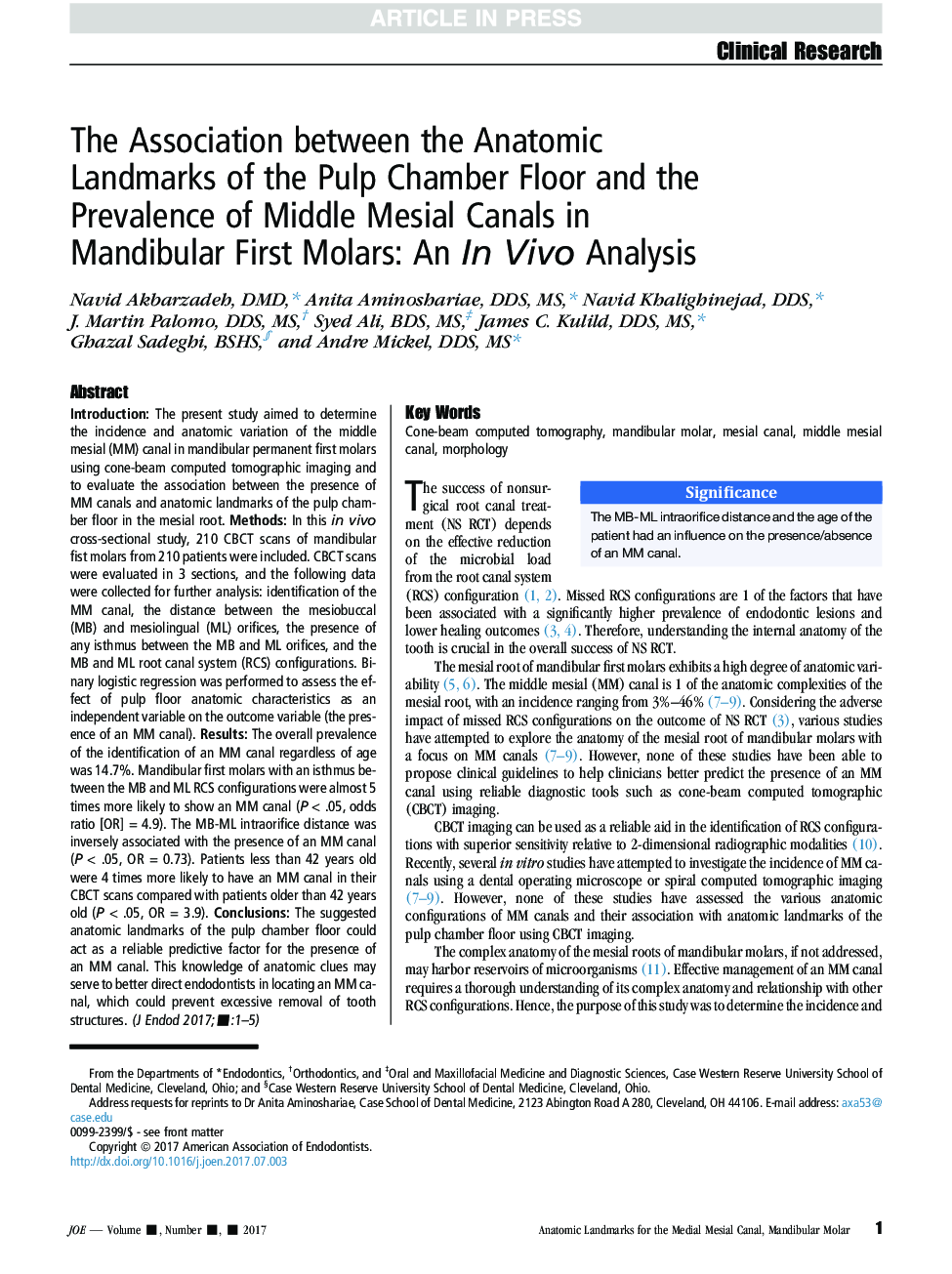 The Association between the Anatomic Landmarks of the Pulp Chamber Floor and the Prevalence of Middle Mesial Canals in Mandibular First Molars: An InÂ Vivo Analysis