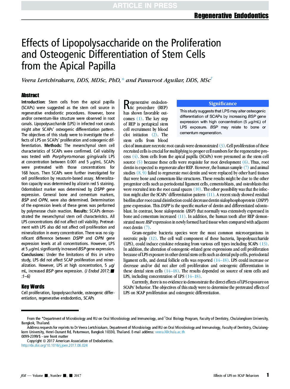 Effects of Lipopolysaccharide on the Proliferation and Osteogenic Differentiation of Stem Cells from the Apical Papilla