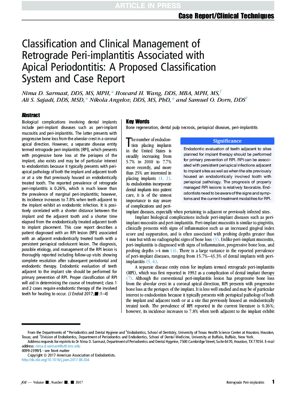 Classification and Clinical Management of Retrograde Peri-implantitis Associated with Apical Periodontitis: A Proposed Classification System and Case Report