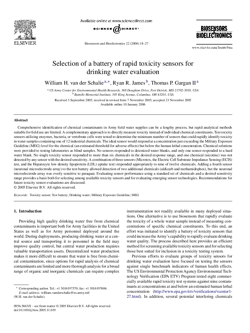 Selection of a battery of rapid toxicity sensors for drinking water evaluation