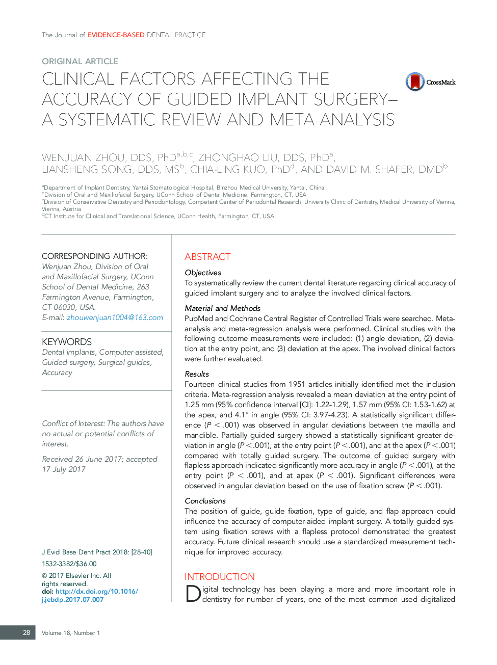 Clinical Factors Affecting the Accuracy of Guided Implant Surgery-A Systematic Review and Meta-analysis