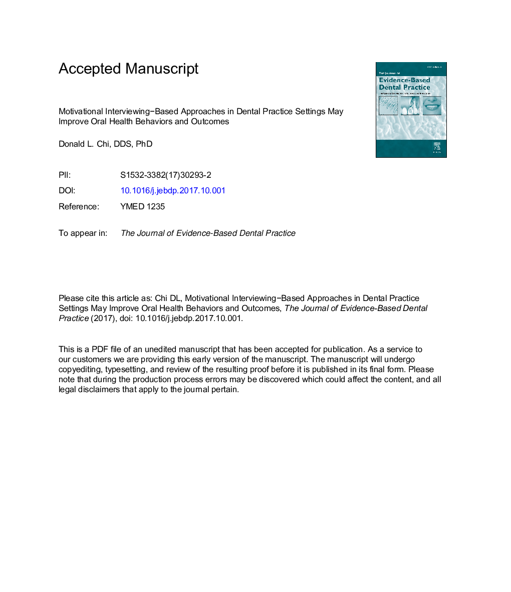 Motivational Interviewing-Based Approaches in Dental Practice Settings May Improve Oral Health Behaviors and Outcomes