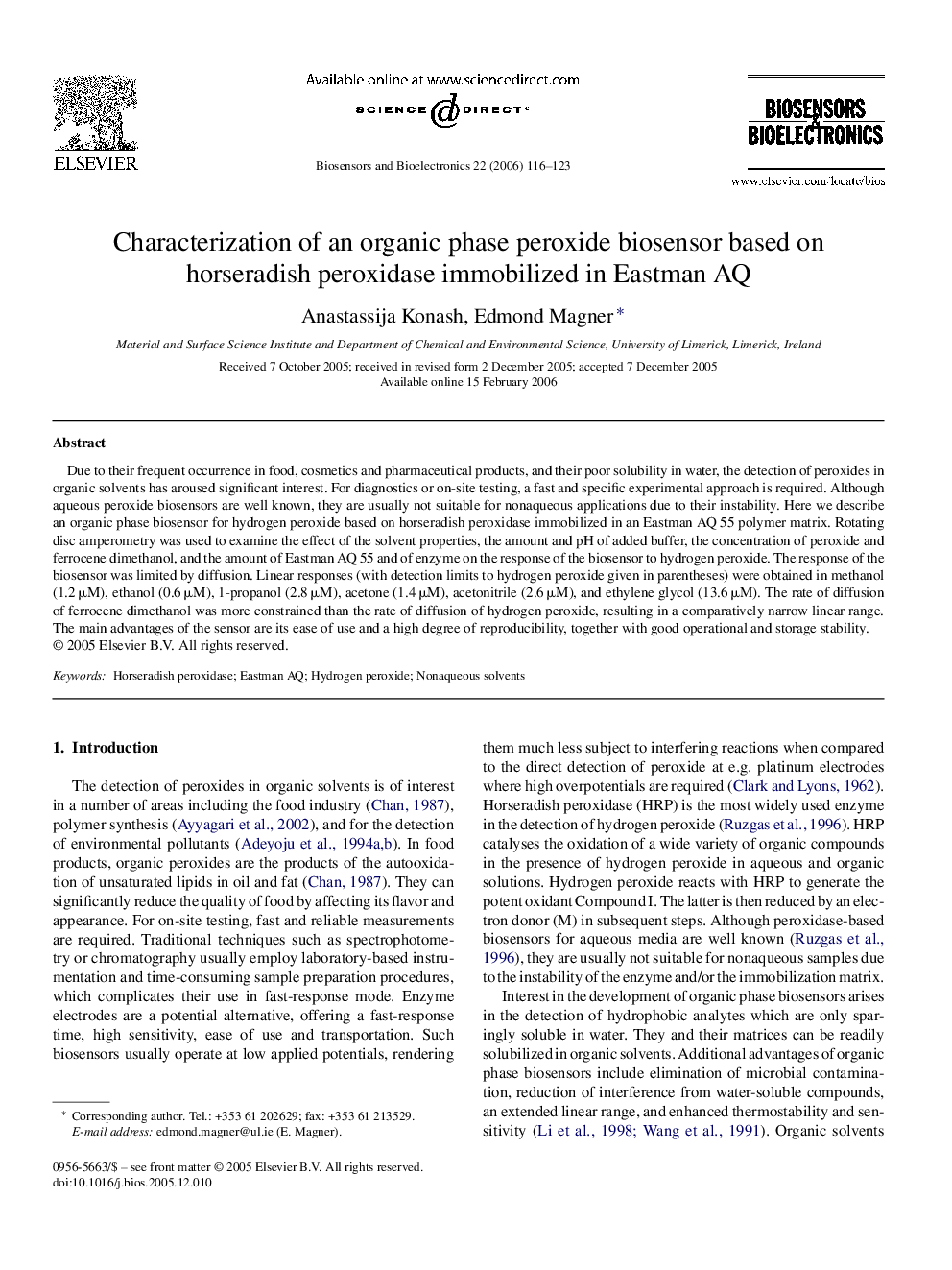 Characterization of an organic phase peroxide biosensor based on horseradish peroxidase immobilized in Eastman AQ