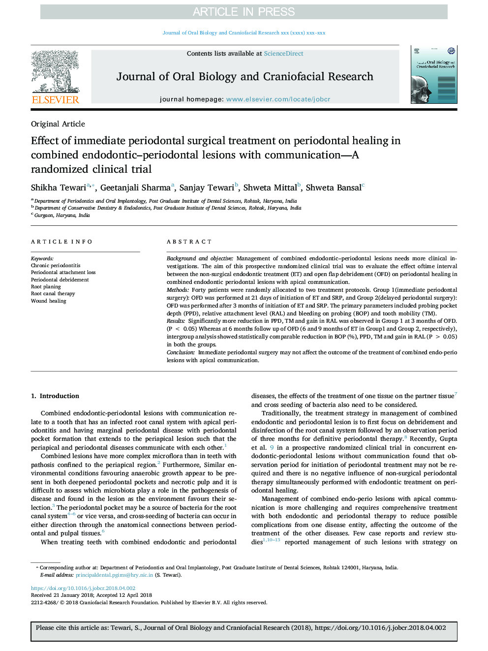 تأثیر درمان جراحی فوری پریودنتال در بهبودی پریودنتال در ضایعات اندودنتیک و پریودنتال ترکیبی با یک کارآزمایی بالینی تصادفی 