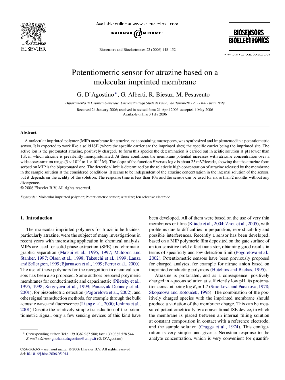 Potentiometric sensor for atrazine based on a molecular imprinted membrane