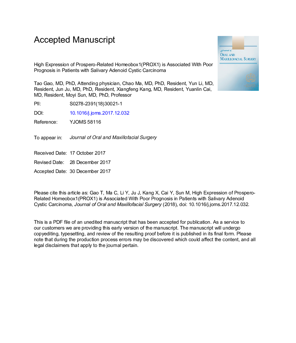 High Expression of Prospero-Related Homeobox-1 (PROX1) Is Associated With Poor Prognosis in Patients With Salivary Adenoid Cystic Carcinoma