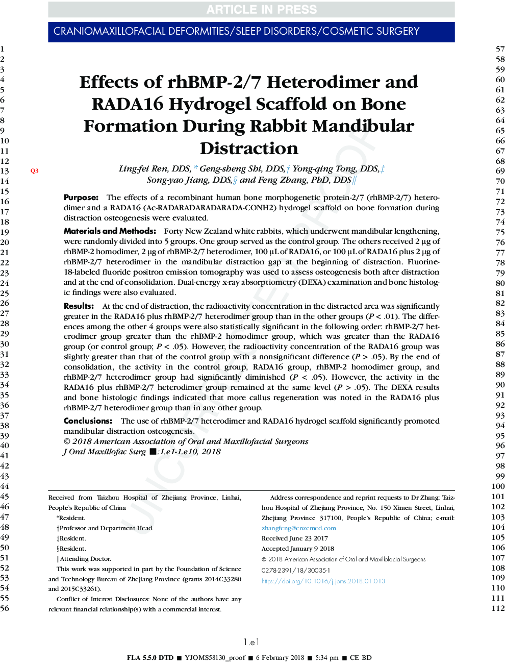 Effects of rhBMP-2/7 Heterodimer and RADA16 Hydrogel Scaffold on Bone Formation During Rabbit Mandibular Distraction