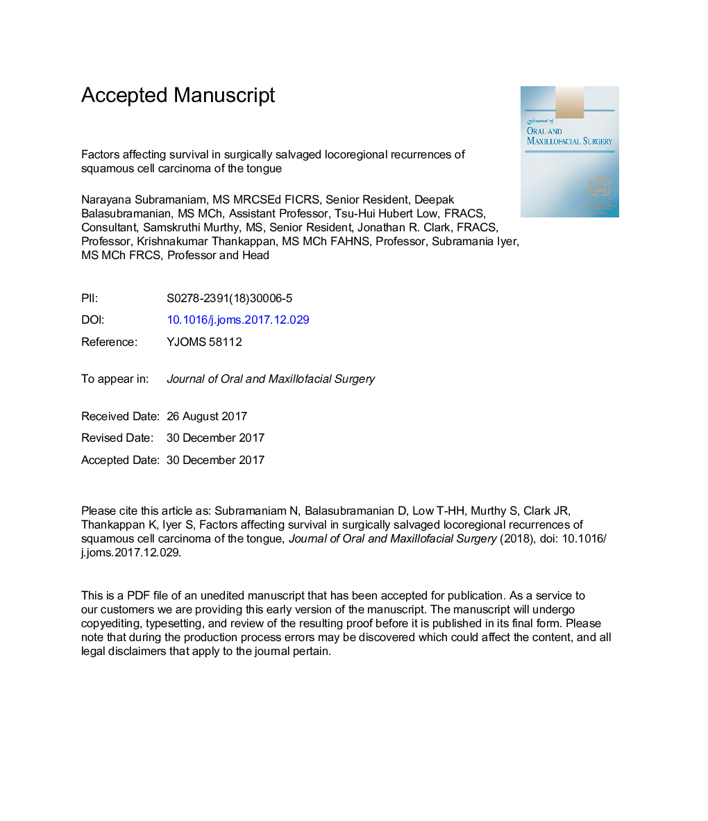 Factors Affecting Survival in Surgically Salvaged Locoregional Recurrences of Squamous Cell Carcinoma of the Tongue