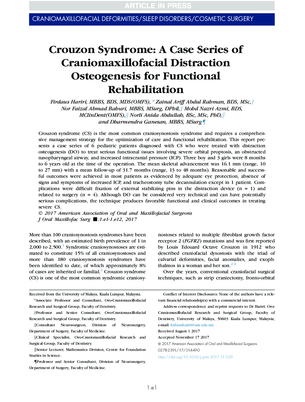 Crouzon Syndrome: A Case Series of Craniomaxillofacial Distraction Osteogenesis for Functional Rehabilitation
