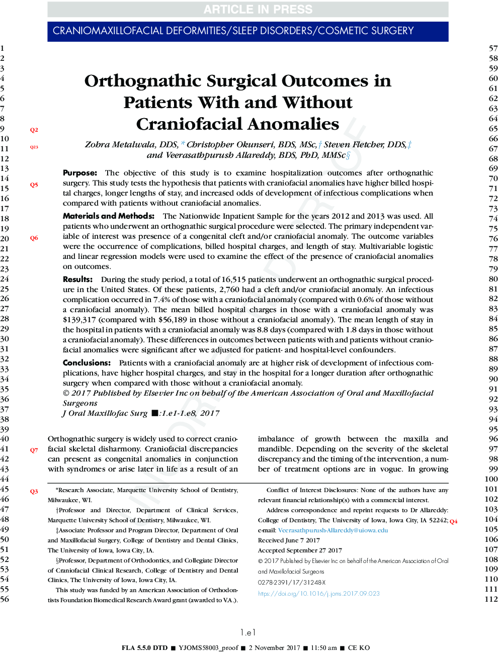 Orthognathic Surgical Outcomes in Patients With and Without Craniofacial Anomalies