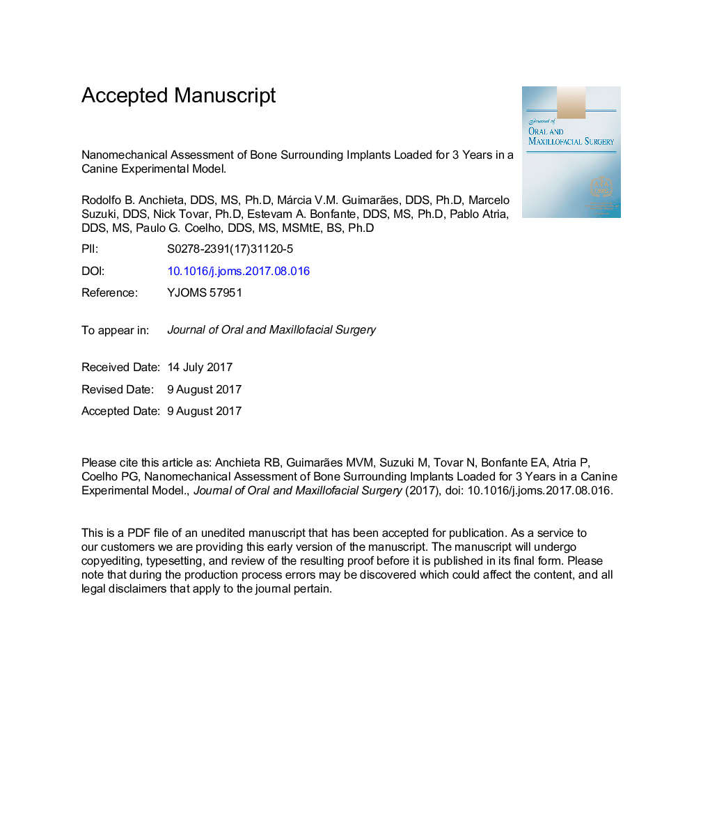 Nanomechanical Assessment of Bone Surrounding Implants Loaded for 3Â Years in a Canine Experimental Model