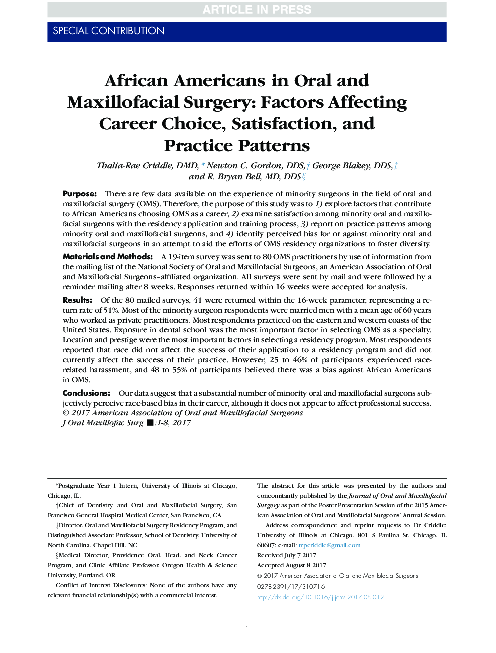 African Americans in Oral and Maxillofacial Surgery: Factors Affecting Career Choice, Satisfaction, and Practice Patterns