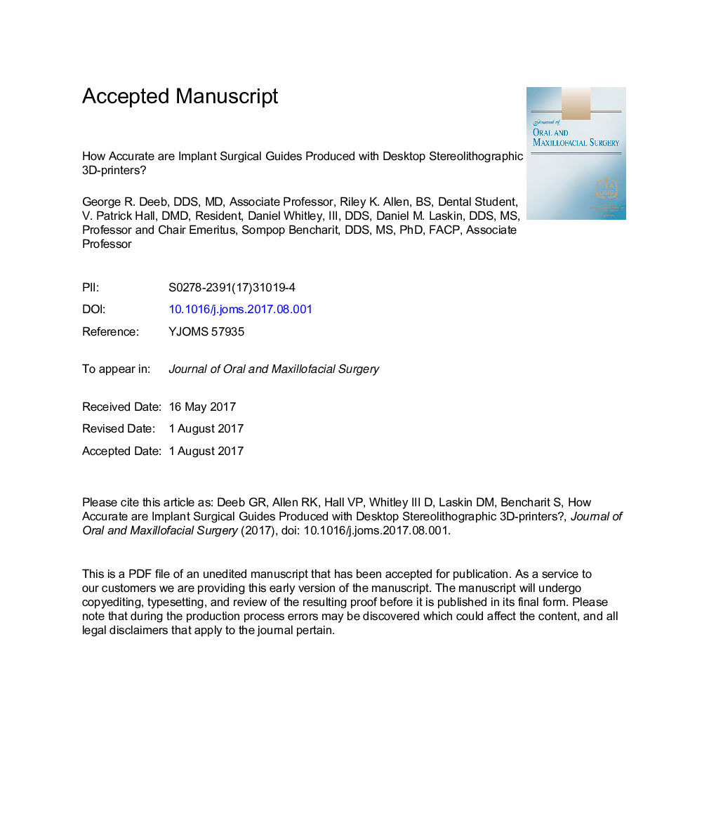 How Accurate Are Implant Surgical Guides Produced With Desktop Stereolithographic 3-Dimentional Printers?