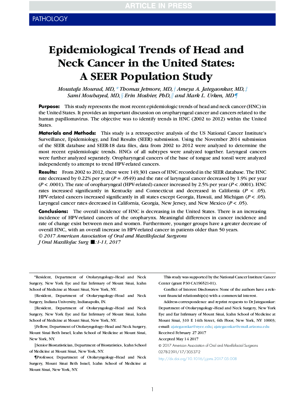 Epidemiological Trends of Head and Neck Cancer in the United States: AÂ SEER Population Study